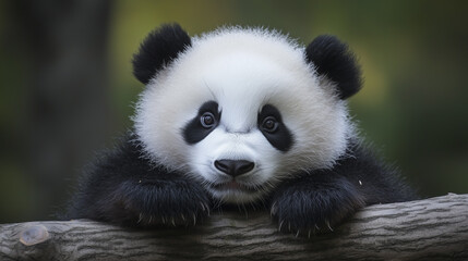 Obraz premium A baby panda rests its head on a tree branch, looking directly at the camera.