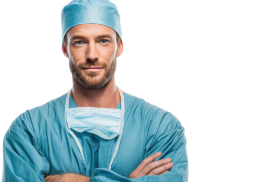Confident male surgeon wearing scrubs and mask, preparing for surgery with skill