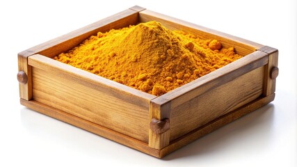 A rustic wooden box filled to the brim with vibrant turmeric powder