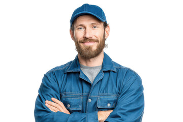 Portrait of a confident window cleaner worker smiling brightly against a clear backdrop