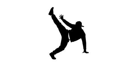 Silhouette of a man breakdancing in dynamic pose on white, with copy space