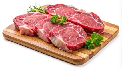 Fresh Cut Pork Chops on a Wooden Board with Herb Garnish