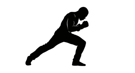 Silhouette of a determined man in a fighting stance against a white background