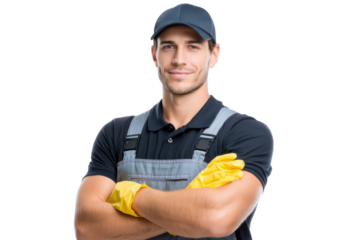 Window cleaner worker confidently poses with tools ready for action