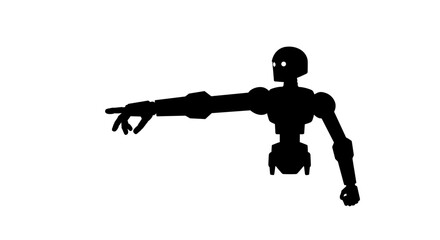 Robot silhouette pointing towards the left on white , with copy space