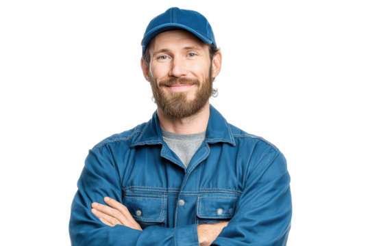Portrait of a confident window cleaner worker smiling brightly against a clear backdrop