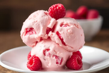 light pink  ice cream on light pink background with raspberries, Generative AI