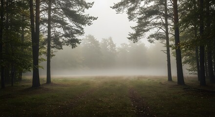 Naklejka premium Misty Forest Path Through a Dense Canopy
