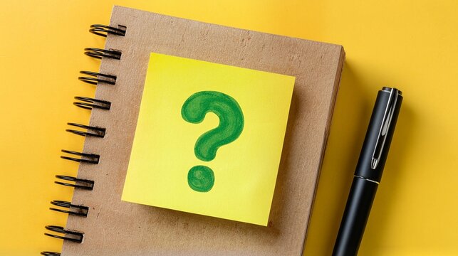 Green question mark doodle on a yellow sticky note on a yellow background