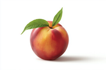 A red and yellow peach with a green leaf on top. The peach is ripe and ready to eat