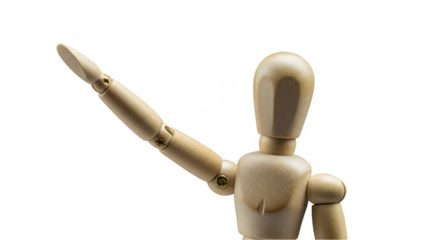 Isolated Wooden Mannequin Figure With Arm Extended on Transparent Background