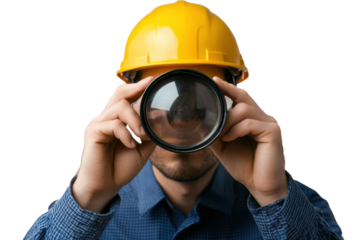 Quality inspector examines standards with precision while wearing a safety helmet