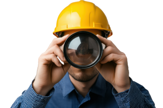 Quality inspector examines standards with precision while wearing a safety helmet