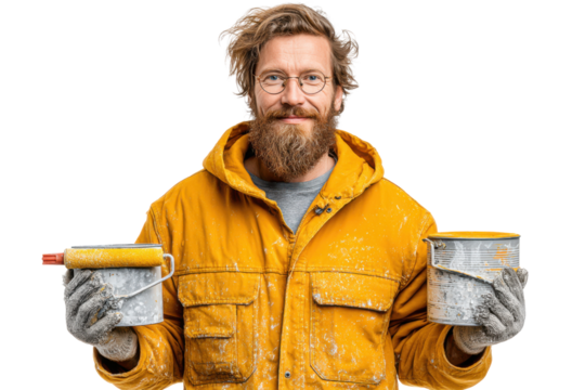 Creative professional wall painter showcasing tools in a vibrant yellow jacket - Powered by Adobe