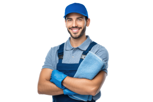 Portrait of a smiling window cleaner worker ready for his next job