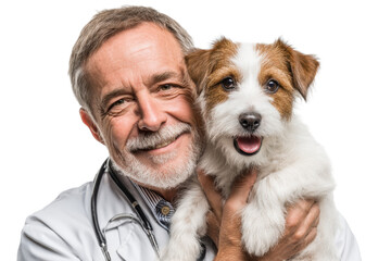 Dedicated veterinarian smiling while holding a joyful puppy companion in a caring embrace