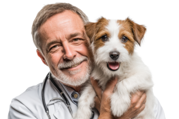 Dedicated veterinarian smiling while holding a joyful puppy companion in a caring embrace
