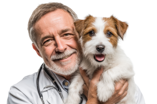Dedicated veterinarian smiling while holding a joyful puppy companion in a caring embrace