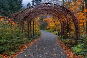 Naklejka premium A gravel path leads through a vine-covered archway into an autumnal forest, vibrant with fall foliage