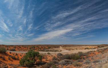 The immensity of the Kalahari desert emphasised in the emptiness of the arid landscape under a big blue sky