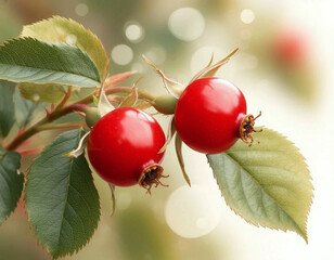 Bright red rosehip fruit with green leaves and close-up dew drops.