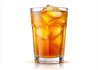 Refreshing glass of iced tea with lemon and ice cubes on white