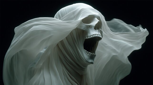 Terrifying Ghost Scream &ndash; Dark Horror Spirit in Flowing Fabric on Black Background