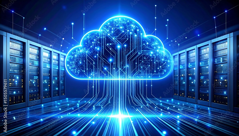 Poster data flow visualization rivers of information converging on cloud server