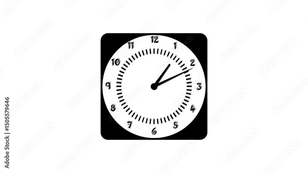 Poster clock face showing time with black hands and numbers in black square