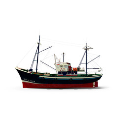 Fishing boat isolated on transparent background, detailed marine vessel side view