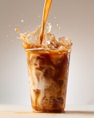 Close-up of caramel iced latte in a transparent cup showcasing swirling coffee texture blending with creamy milk, condensation droplets on the glass surface, commercial product photography