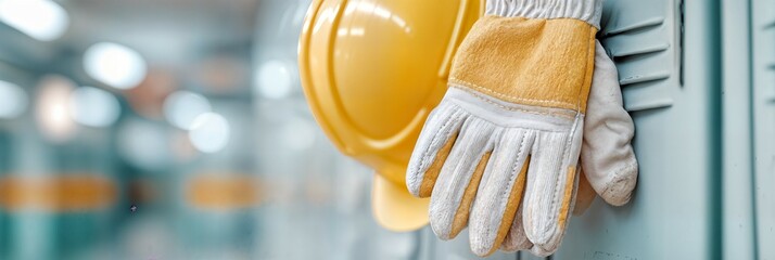 Protective leather gloves and yellow safety helmet hanging on locker hooks in an industrial locker room. Workplace safety and construction concept. Suitable for articles, banners, or brochures.