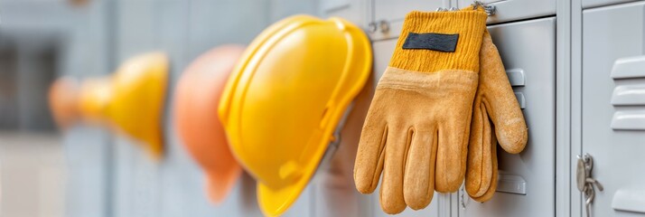 Protective leather gloves and yellow safety helmets hanging on locker hooks in an industrial locker room. Workplace safety and construction concept. Suitable for articles, banners, or brochures.
