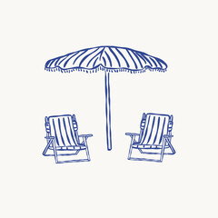 Illustration of two beach chairs and a striped umbrella. Summer vacation concept in a minimalist line art style. Hand drawn vector illustration.