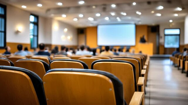 Lecture hall with wooden seats and rows of empty chairs, people attending seminar bright educational atmosphere, academic classroom setting with audience focused large projection screen