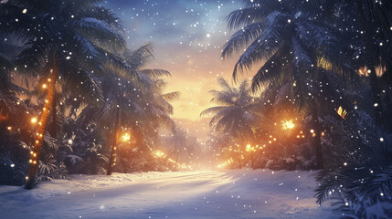 A snowy path surrounded by palm trees, illuminated by lights, with snowflakes falling in the evening light.
