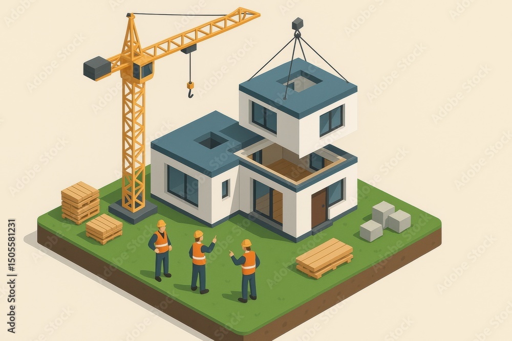 Aufkleber construction workers collaborating on a modern building project with a crane in a residential area