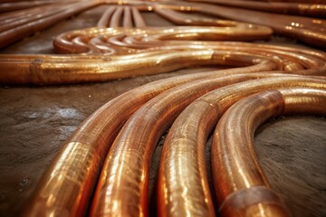Shiny copper pipes with smooth curved layout arranged on rough construction floor. Plumbing, heating, or industrial installation concept. Ideal for repair blogs, manuals, or engineering content