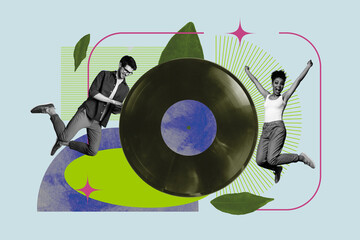 Exclusive creative collage of happy girl guy dance together jump retro vinyl disk celebration 90s...
