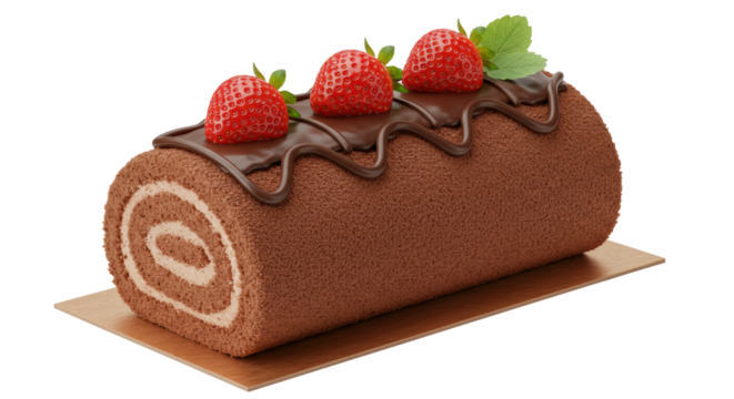 Isolated Chocolate Swiss Roll with Strawberries