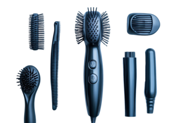 Stylish hair care tools and products arranged neatly on a white countertop with a green plant in the background