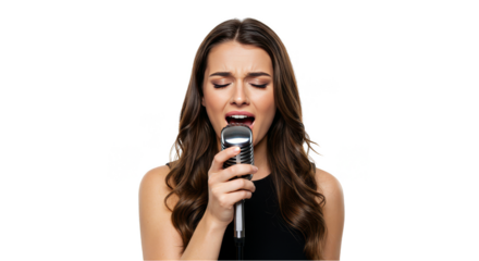 Photo Of A Brunette Woman Singing Into A Microphone With Mouth Open Isolated