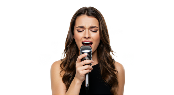 Photo Of A Brunette Woman Singing Into A Microphone With Mouth Open Isolated