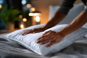 A pair of hands fluffing a crisp white pillow on a neatly made bed, emphasizing comfort and preparation for a restful and peaceful nighttime experience.