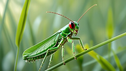 Ant’s-eye view of a grasshopper standing tall on a blade of grass, with depth of field 03