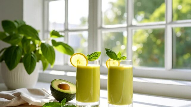 Two glasses of avocado smoothie by bright window