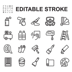 Set of vector icons related to painting. Thin line vectors, contains icons such as paint can, brush, spray paint and more.