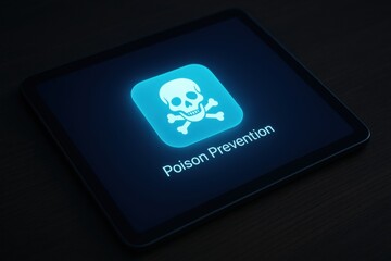 Graphic of Poison Prevention Message Displayed on a Digital Tablet in a Dimly Lit Setting for Awareness and Safety Education
