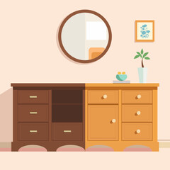 Before and after of a dresser and mirror for an upcycle, decor or DIY project against a wall in the living room at home. Second hand furniture for interior design of a sustainable and zero waste house