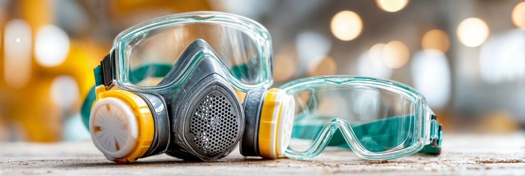Protective respirator mask with yellow filters and transparent safety goggles. Industrial safety and personal protection concept. Ideal for safety instructions, ads, and engineering content